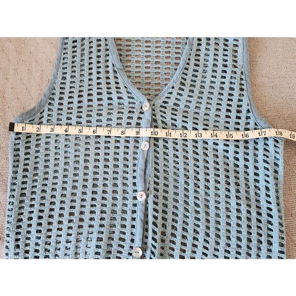 Vintage Moss Green Cotton Openwork knit Stitch Vest with Abalone Button W SZ Sm - Picture 5 of 6